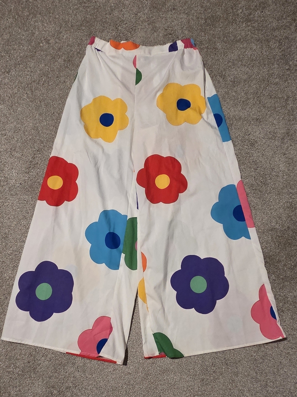 Girls White Wide-Leg Floral Print Pants - Multicolor Flowers
